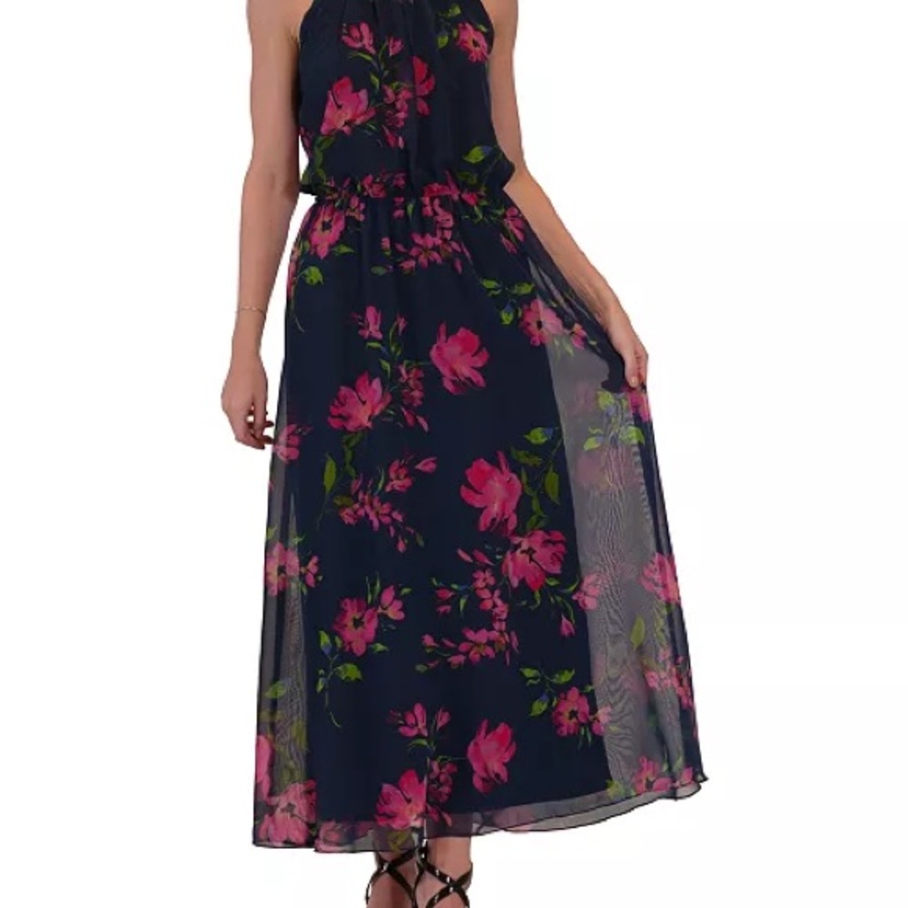 Robbie Bee Navy and Pink Floral Maxi Dress